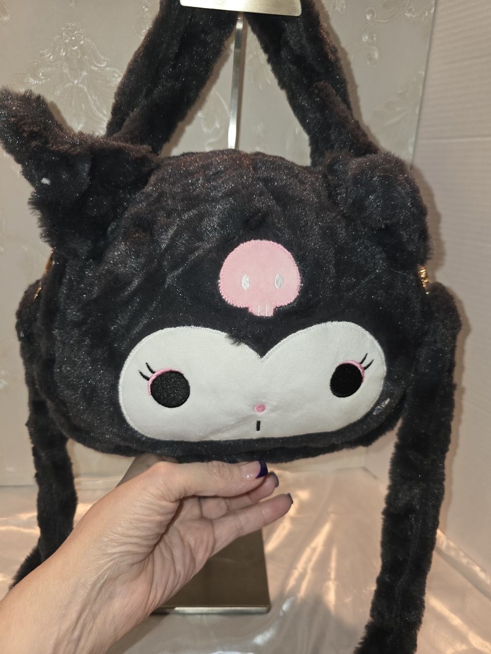 "KUMORI"  Black Plush Character Kids Crossbody Bag with Pink Accent
